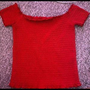 ruched, cherry red off the shoulder top